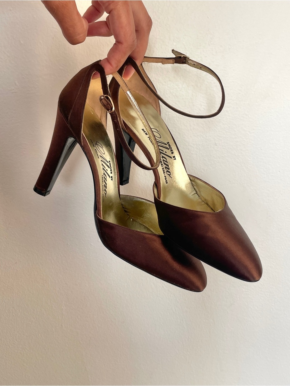 Vintage-Inspired Brown Satin Ankle-Strap Heels